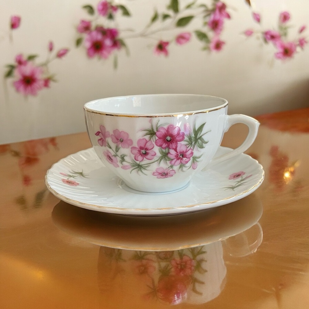 Antique Nippon Teacup and Saucer Hand Painted Pink Floral Gold Trim Fine China